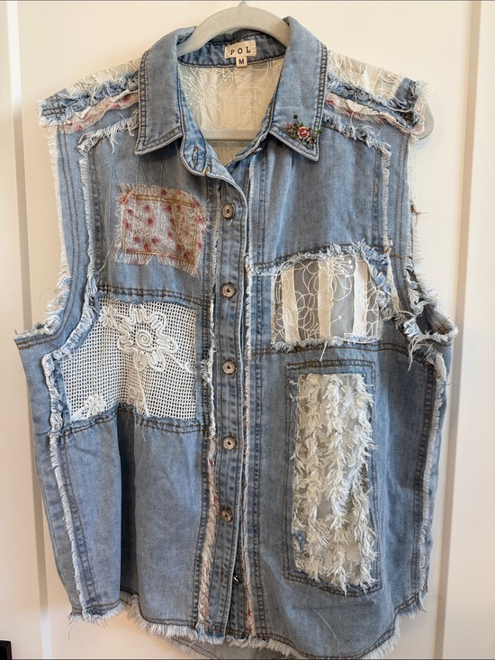 POL Tops - POL Distressed Patchwork Denim Vest with Lace and Embroidery